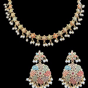 Navratan multicolored jadau necklace with earrings in fresh water pearls , Indian jewelry