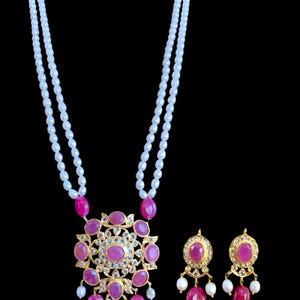 Pearl Ruby Necklace Earrings Set: Gold Plated Silver, Deccan Jewelry