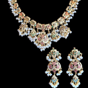 Navratan Jadau Necklace Set: Gold Plated Silver, Pearls