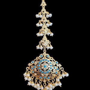 Turquoise Freshwater Pearl Tika|Gold Plated 92.5 Silver| Hyderabadi Bridal Headpiece| Traditional South Asian Wedding Jewelry |Deccanjewelry
