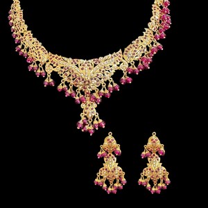 Pearl and ruby gold plated jadau silver necklace with earrings , Gold plated , Deccan jewelry , Jadau jewelry , Indian silver
