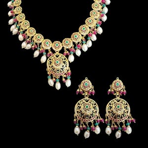 SNS20 Ruby emerald pearl necklace set|92.5 silver jewelry|gold plated silver|jadau jewelry|traditional jewelry|deccan jewelry|hyderabadi set