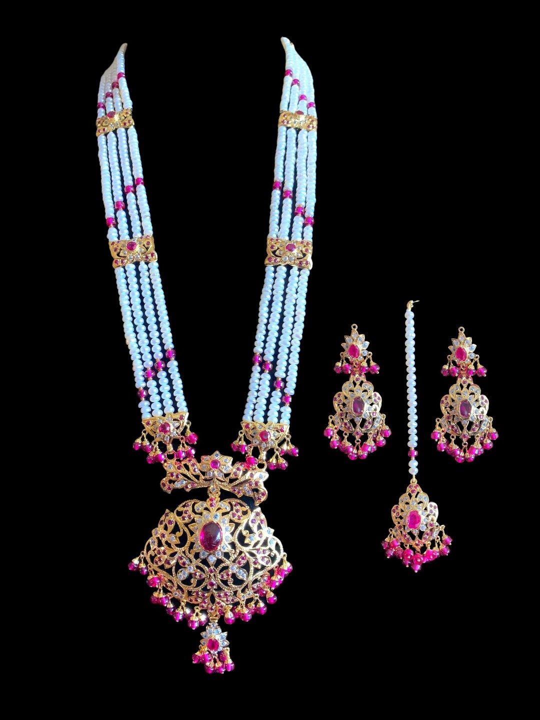 Jadau Rani Haar: Freshwater Pearl, Ruby & Zircon - Gold Plated Silver ...
