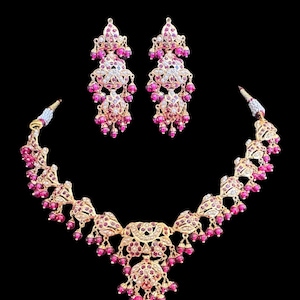 Fresh water pearls and ruby gold plated jadau silver necklace with earrings , Gold plated , Deccan jewelry , Jadau jewelry , Indian silver