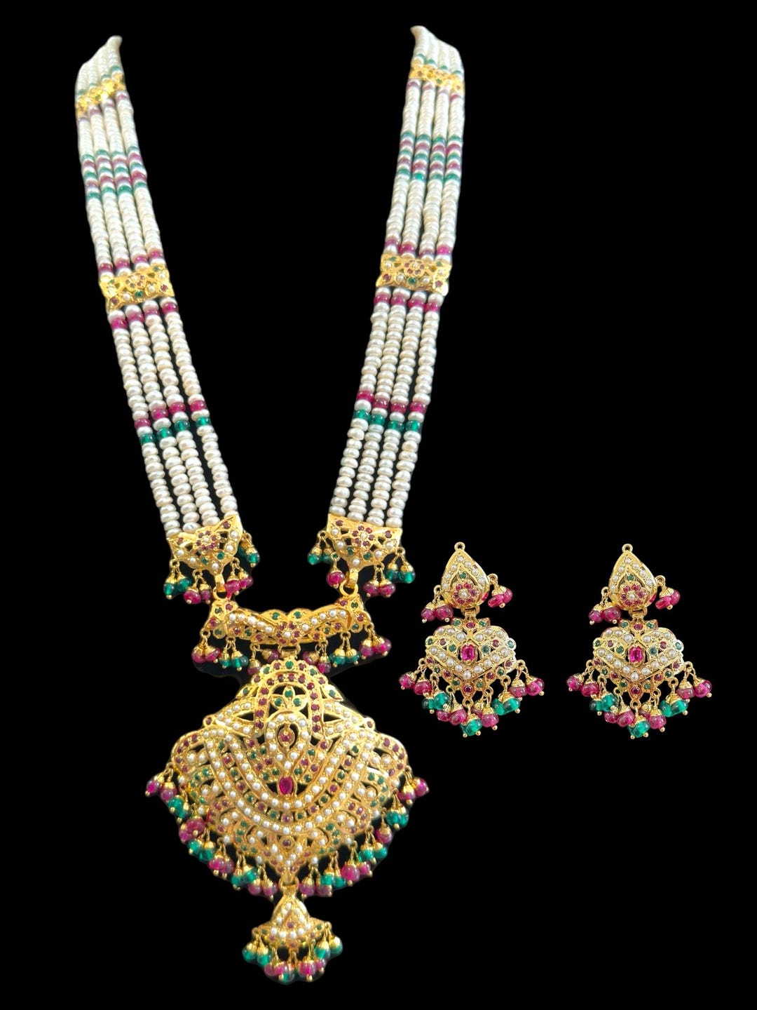 Ruby Emerald Jadau Rani Haar Set in Ruby Emeralds on Gold Plated Silver ...