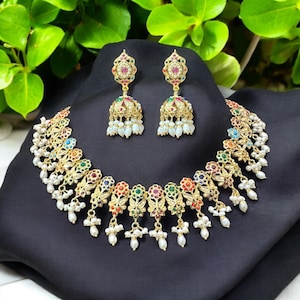 Navratan / multicolor jadau necklace with earrrings on gold plated silver , Deccan jewelry