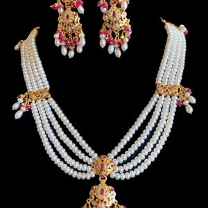 Fresh water pearls and ruby gold plated jadau silver necklace with earrings , Gold plated , Deccan jewelry , Jadau jewelry , Indian silver