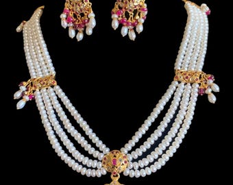 Ruby & Pearl Jadau Necklace Set: Gold Plated Indian Silver