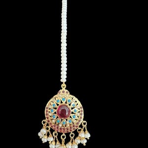 Gold Plated Silver Tikka – 92.5 Sterling Silver Base, Ruby Turquoise with Freshwater Pearls – Medium Size Traditional Hyderabadi Headpiece