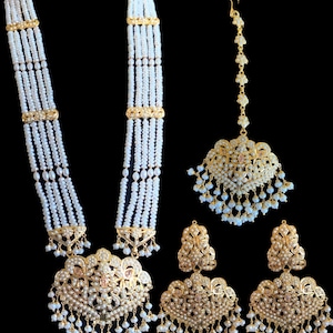 Jadau Rani haar with earrings Tika  in fresh water pearls on silver with  gold plating , Deccan jewelry