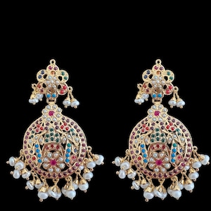 Navratan Jadau Chandbali Earrings: Gold Plated Silver, Freshwater Pearls