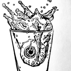 Water Glass Eyeball Handmade Art Block Print Linocut Wall Art Home Decor Black and White Surreal