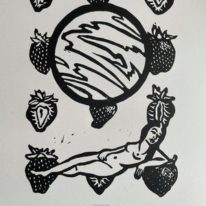 Venus Strawberries Lady Linocut Block Print Wall Art Home Decor Black and White Fruits Summer Feminine Strawberry Planet Woman