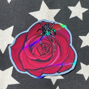 Black Widow Spider on a Rose holografische sticker groot uniek schilderij spinachtige bloem bloemen sticker waterdicht mooie stickers