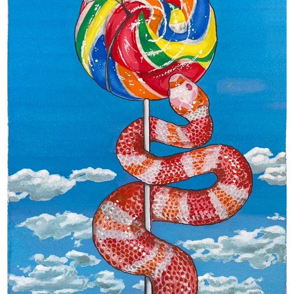 Snake Art Print Original Painting of a Milk Snake and a Lollipop Clouds Sky Home Decor Living Room Wall Art Surreal Artwork