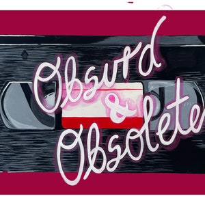 Impresión artística en cinta VHS con letras de neón obsoletas y absurdas, decoración divertida y original hecha a mano, citas irónicas, letras de burbujas, frase cursiva, película