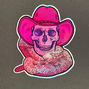 Cowboy Skull and Rattlesnake Sticker Southwest Wild West Decal Waterbottle Laptop Phone Decal Cool Skeleton Pink Purple Waterproof Fun Decal