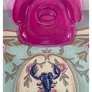 Original Vintage Pink Inflatable Chair Electric Blue Scorpion Surreal Wall Art Print Colorful StillLife Handmade Gouache Painting Home Decor