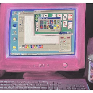 Y2K 1990年代の絵画 MSペイント マインスイーパー ソリティア コンピュータデスク 懐かしいミレニアル世代のコンピュータ ピンク パープル ブラック グアッシュ アートプリント Windows 95