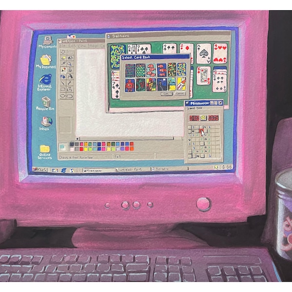 Y2K 1990s Painting MS Paint Minesweeper Solitaire Computer Desk Throwback Millennial Computer Pink Purple Black Gouache Art Print Windows 95