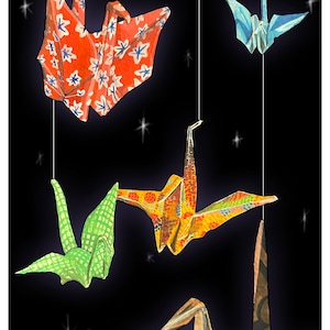 Origami Crane Print Original Painting of Paper Crane Home Decor Surreal Wall Art Whimsical Artwork
