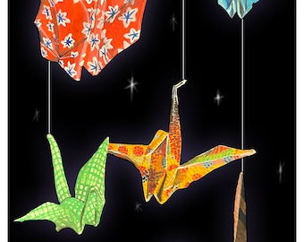 Impressão de guindaste de origami, pintura original de guindaste de papel, decoração de casa, arte de parede surreal, arte caprichosa