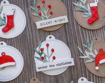 Holiday Tags for Christmas Gifts | Holly Berry, Santa Hat, Red Stocking