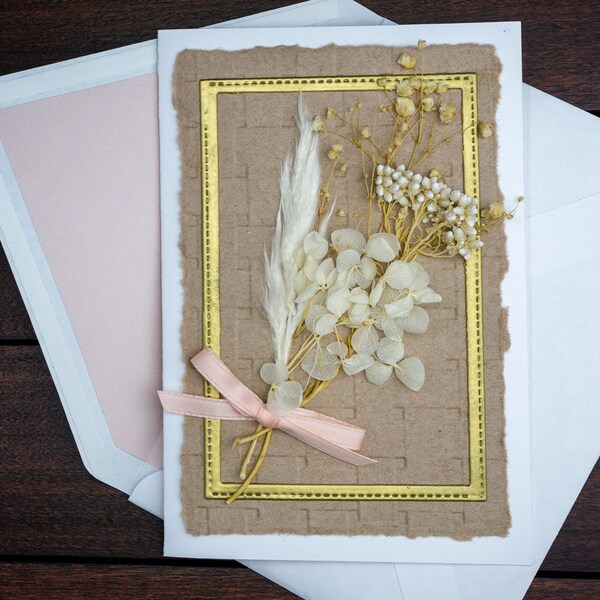 A6 Handmade Card | Peach White Dried Flower Bouquet Anniversary Love Romantic Birthday Mother's Day