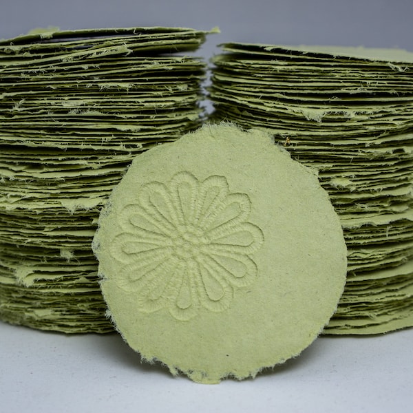 Handmade Paper Recycled | 3 inch Green Deckled Edge Circles 10 per order| Crafts Scrapbooking Journaling