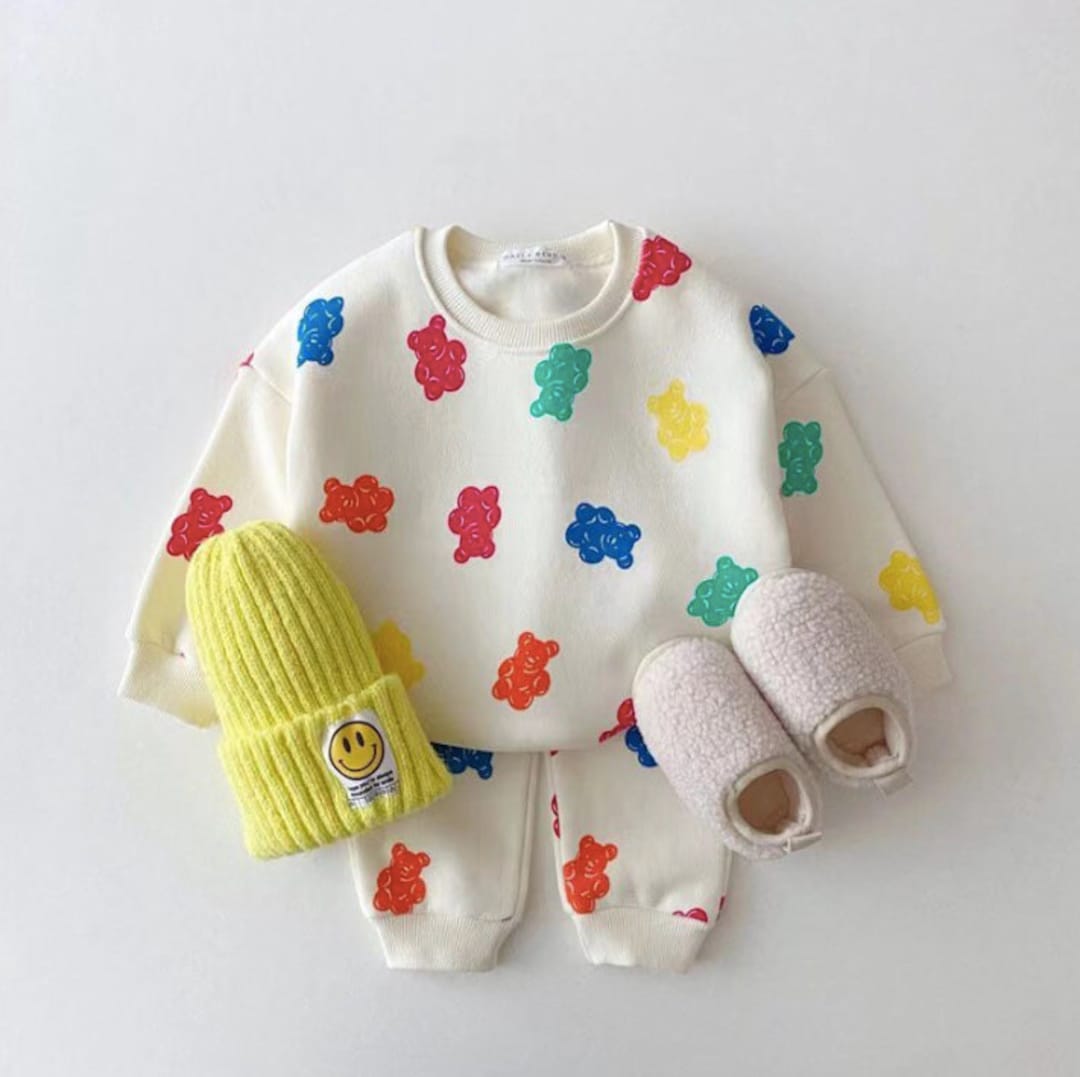 Baby Cartoon Bear & Slogan Pattern Waffle Fabric Tops Combo Solid Shorts 1-Piece Sets