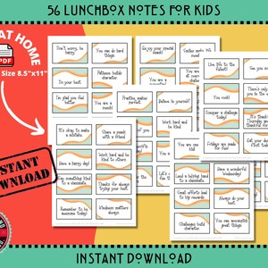 56 Positive Message Lunchbox Notizen für Kinder | Digitaler Download | Druck zu Hause | Druckbare Karten Elementary | Mintgrün und Orange | PDF