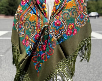 Oliv Grün Floral Schal, Folk Print Fransen Schal, Boho Kopftuch