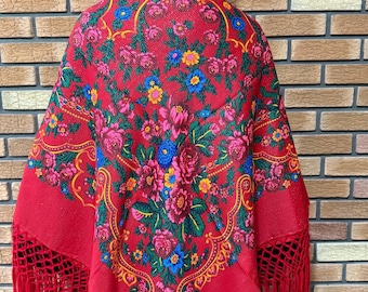 Russischer Stil Blumen Schal-Folk Wrap mit Metallic Faden, Babuschka Kopftuch