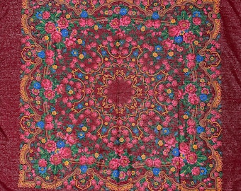 Florales Folklore Halstuch mit Metallicfäden, quadratisches Kopftuch, Boho Babuschka Accessoire