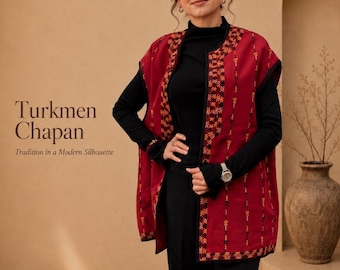 Red Turkmen Chapan with Hand Embroidered Keshte, Traditional Central Asian clothing