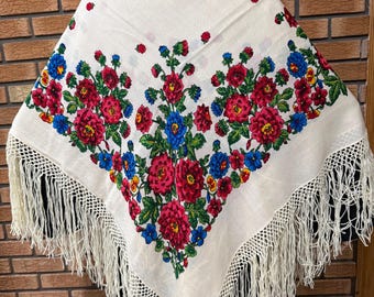 Floral Wolle Schal, Vintage Style Folk Fransen Schal, Retro Kopftuch
