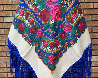 Floral Folklore Schal mit Fransen, Babuschka Schal, Metallic Faden Wrap, Slawisches Kopftuch, russischer Stil Schal