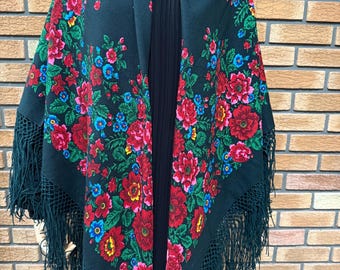 Floral Wolle Schal, Vintage Style Folk Fransen Schal, Retro Kopftuch