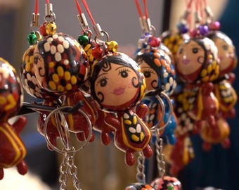 Hand-Painted Wooden Doll Keychain,  Turkmen Folk Art, Bells, Cultural Gifts
