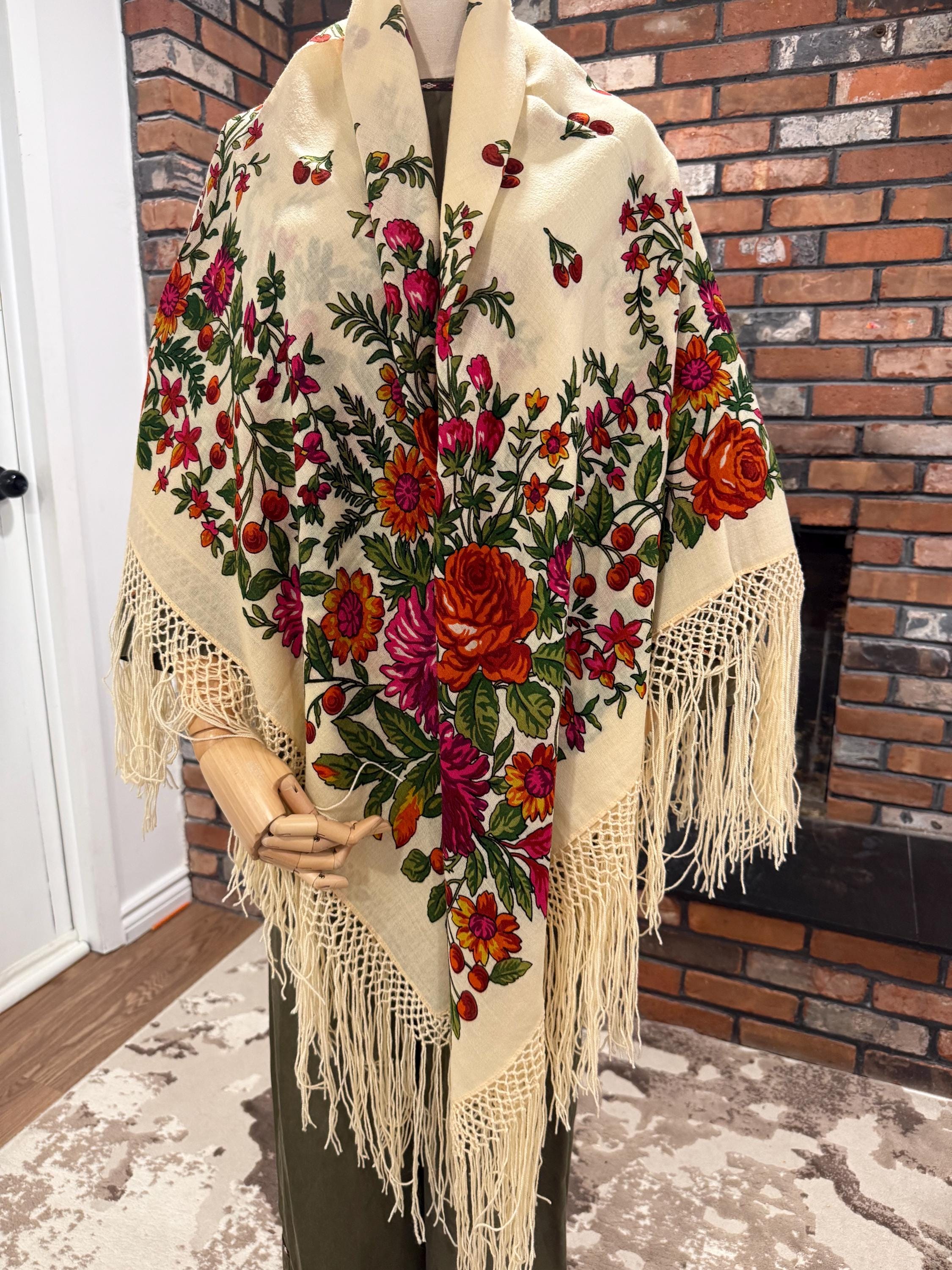 Châle En Laine Ancien Russe – Vintage – Rouge – Tampon D'époque – XIXe
