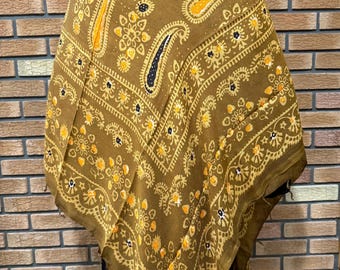Seide Baumwolle Paisley Schal, Olivgold Kopftuch, Große Quadratische Schal, Ethno Folk Schal