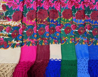 Floral Folk Shawl with Handmade Fringe, Metallic Threads Wrap, Slavic Headscarf