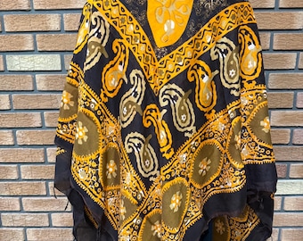 Schwarz Gold Paisley Seide Baumwollschal - Großer quadratischer ethnischer Schal
