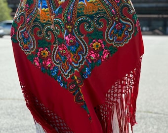 Red Floral Square Scarf,  Folk Boho Headscarf, Gift for Her