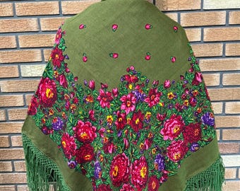 Folk Style Wool Shawl, Burgundy Rose Floral Scarf with Fringe
