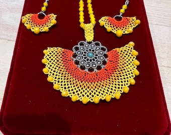 Handgemachter Türkischer Nadel-Spitzen-Schmuckset, Gelbe Blumen-Halsketten-Ohrringe