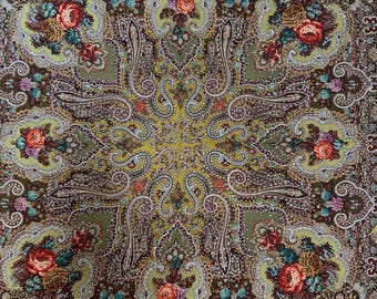 Olive Wool Shawl with Rhinestones, Pavlovo Posad Style Scarf, Floral Evening Wrap
