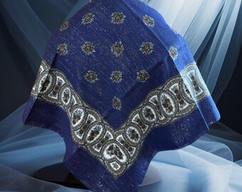 Foulard floral babouchka - Carré cachemire métallisé, foulard bleu bohème