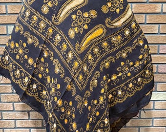 Seide Baumwolle Paisley Schal, Braun Kopftuch, Große Quadratische Schal, Ethno Folk Schal