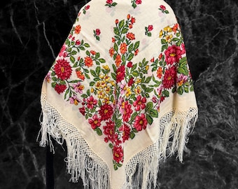 Folklore-Stil Wolle Wrap, klassische Blumen Schal mit Fransen, Geschenk für sie